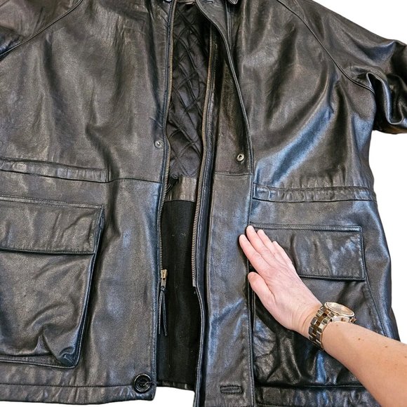 Marc New York Andrew Mark Black Leather Coat XL Zipup Patch Pockets Heavy - Picture 3 of 15